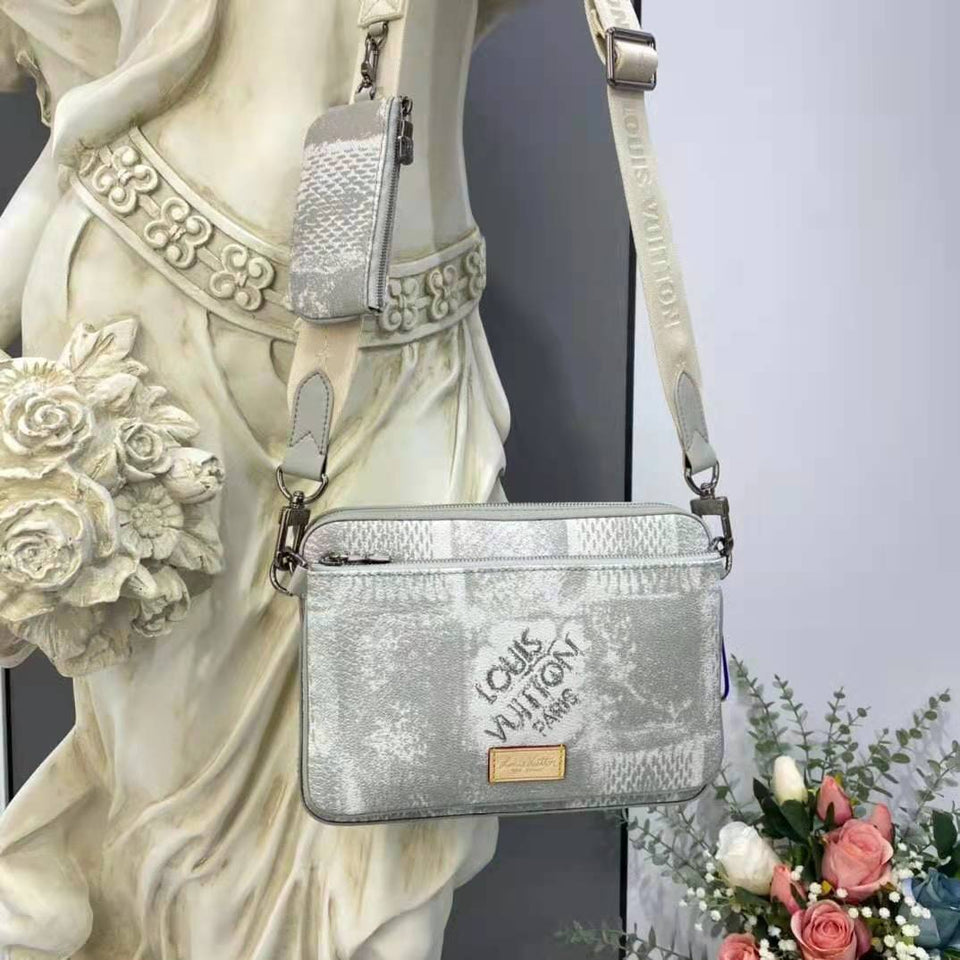 Louis Vuitton LV Unisex Trio Messenger Stone Gray Damier Salt Canvas Cowhide Leather Handbag