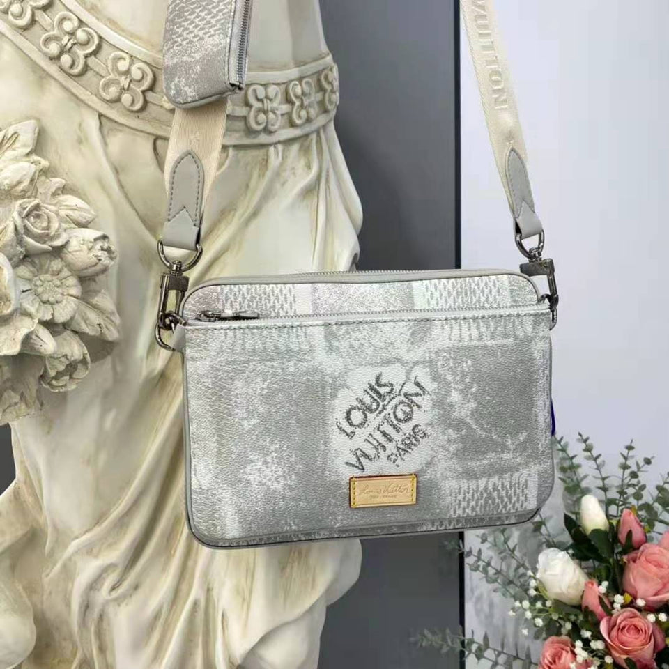 Louis Vuitton LV Unisex Trio Messenger Stone Gray Damier Salt Canvas Cowhide Leather Handbag