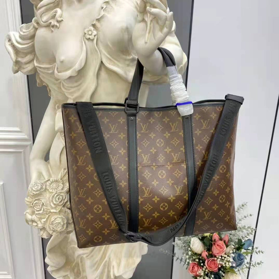Louis Vuitton LV Unisex WeekEnd Tote GM Monogram Macassar Coated Canvas Cowhide Leather