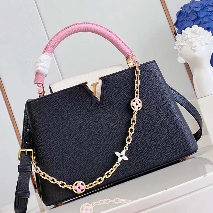 Louis Vuitton LV Women Capucines MM Handbag Black Pink Taurillon Leather