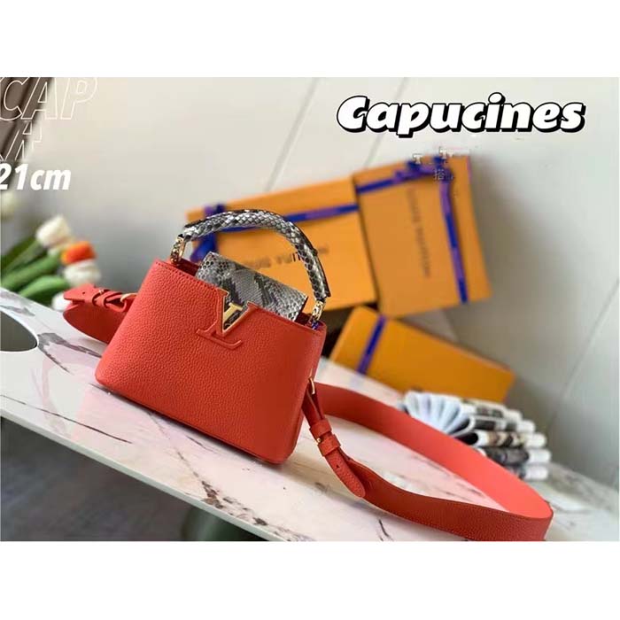 Louis Vuitton LV Women Capucines Mini Handbag Orange Taurillon Leather Python Skin