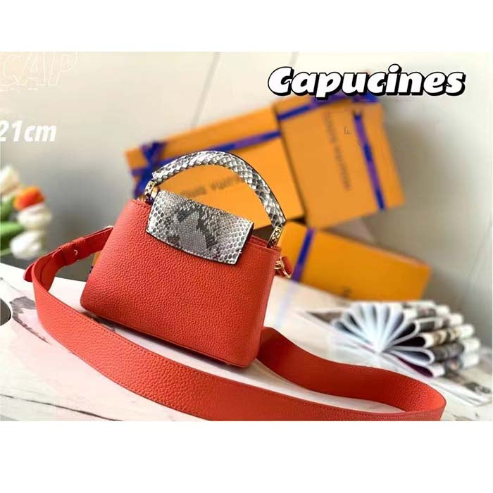 Louis Vuitton LV Women Capucines Mini Handbag Orange Taurillon Leather Python Skin