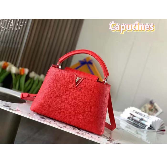 Louis Vuitton LV Women Capucines Mini Handbag Scarlet Red Taurillon Cowhide Leather