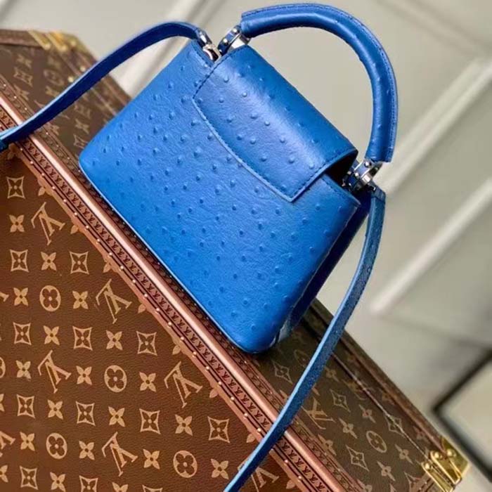 Louis Vuitton LV Women Capucines Mini Menthe Blue Goatskin Ostrich Leather Monogram Flower Handbag