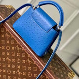 Louis Vuitton LV Women Capucines Mini Menthe Blue Goatskin Ostrich Leather Monogram Flower Handbag