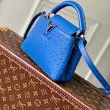 Louis Vuitton LV Women Capucines Mini Menthe Blue Goatskin Ostrich Leather Monogram Flower Handbag