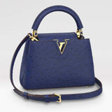Louis Vuitton LV Women Capucines Mini Menthe Blue Goatskin Ostrich Leather Monogram Flower Handbag