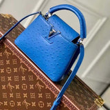 Louis Vuitton LV Women Capucines Mini Menthe Blue Goatskin Ostrich Leather Monogram Flower Handbag