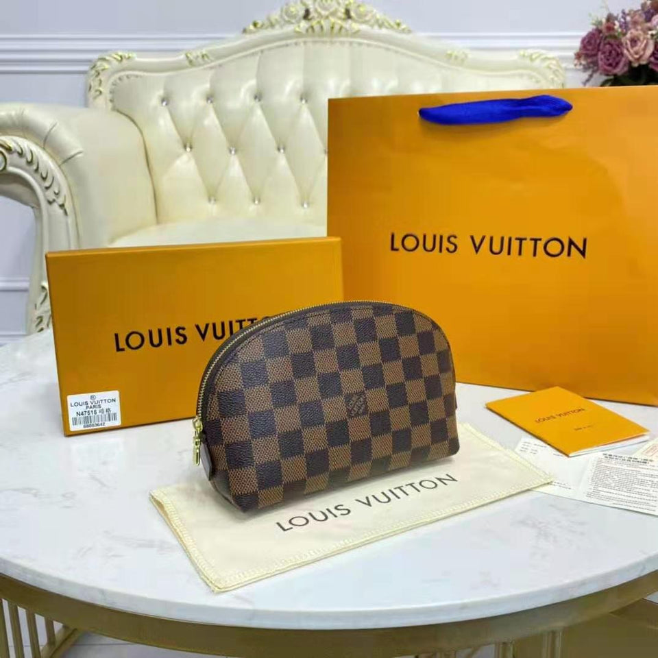Louis Vuitton LV Women Cosmetics Pouch Damier Coated Canvas Golden Brass Clutch