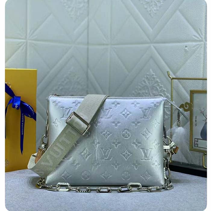 Louis Vuitton LV Women Coussin PM Handbag Silver Lambskin Cowhide Lining Zip Closure