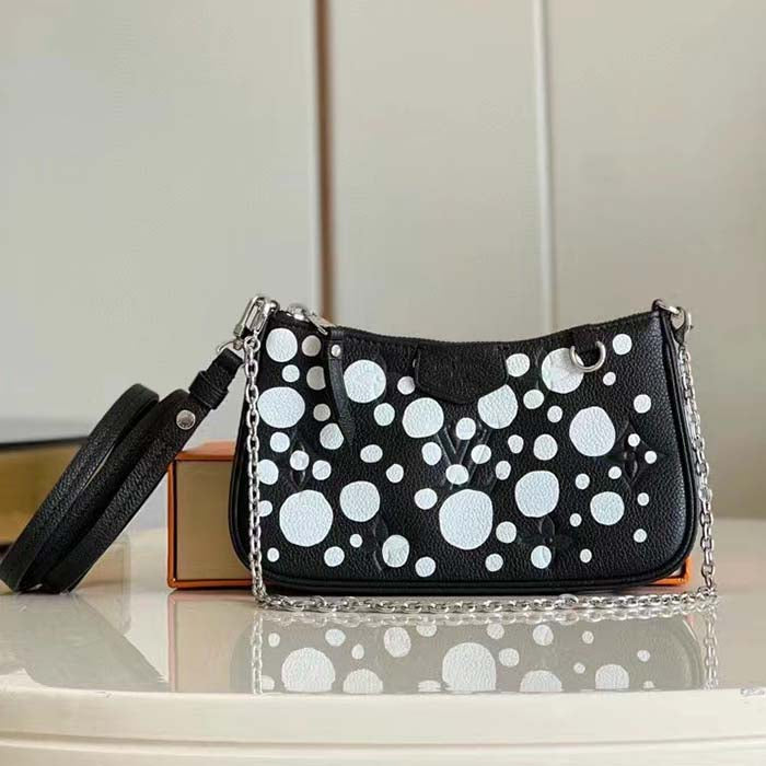 Louis Vuitton LV Women Easy Pouch On Strap Black White Embossed Grained Monogram Cowhide Clutch