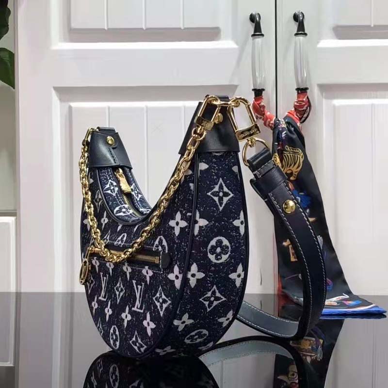 Louis Vuitton LV Women Half-Moon Loop Baguette Handbag Navy Blue Jacquard