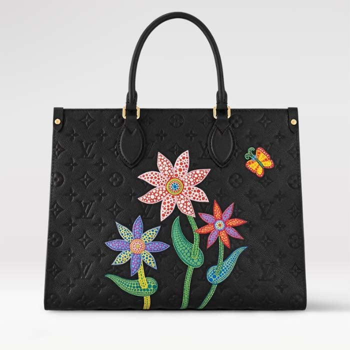 Louis Vuitton LV Women LV x YK OnTheGo MM Black Embossed Grained Monogram Cowhide Leather Flower Tote