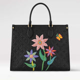 Louis Vuitton LV Women LV x YK OnTheGo MM Black Embossed Grained Monogram Cowhide Leather Flower Tote