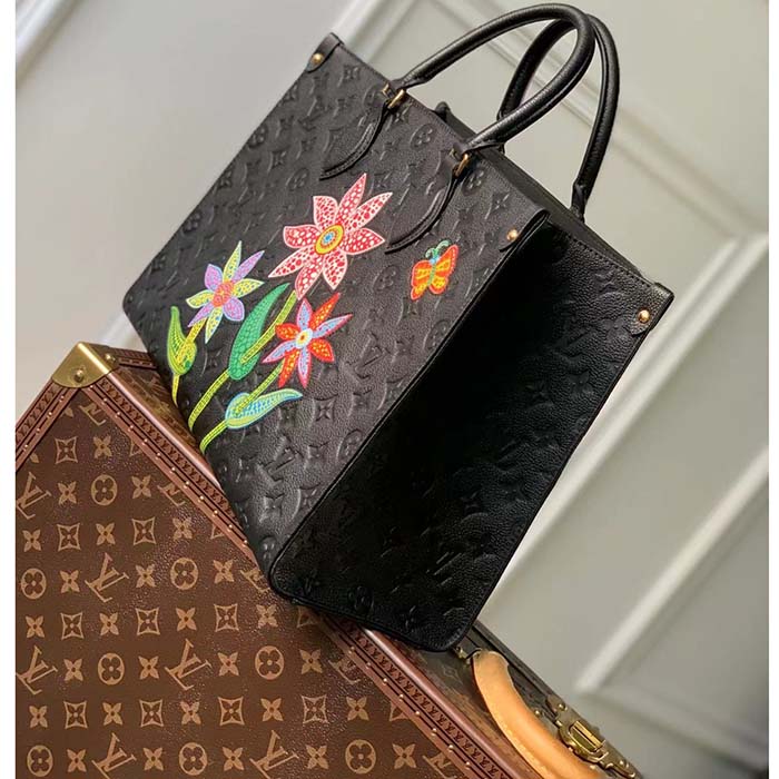 Louis Vuitton LV Women LV x YK OnTheGo MM Black Embossed Grained Monogram Cowhide Leather Flower Tote