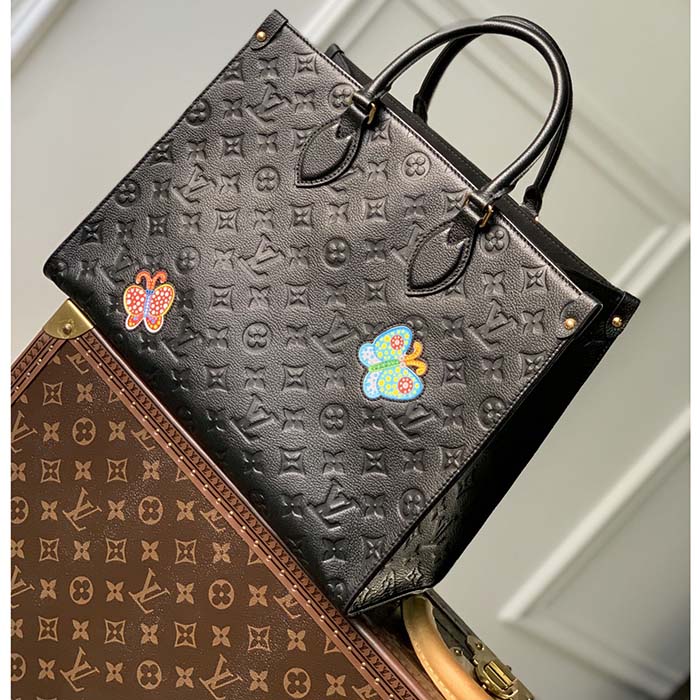 Louis Vuitton LV Women LV x YK OnTheGo MM Black Embossed Grained Monogram Cowhide Leather Flower Tote