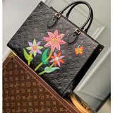 Louis Vuitton LV Women LV x YK OnTheGo MM Black Embossed Grained Monogram Cowhide Leather Flower Tote