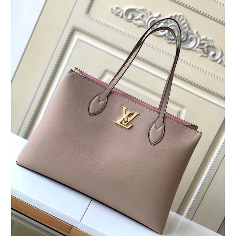 Louis Vuitton LV Women Lockme Shopper Beige Greige Grained Calf Leather Handbag