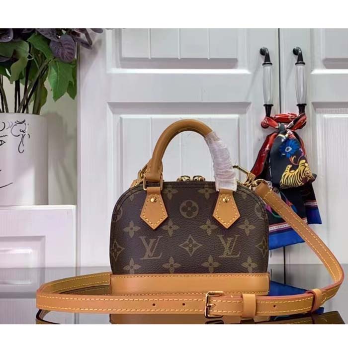 Louis Vuitton LV Women Nano Alma Handbag Monogram Coated Canvas Natural Cowhide Leather