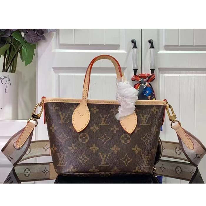 Louis Vuitton LV Women Neverfull BB Beige Monogram Coated Canvas Natural Cowhide Leather Tote