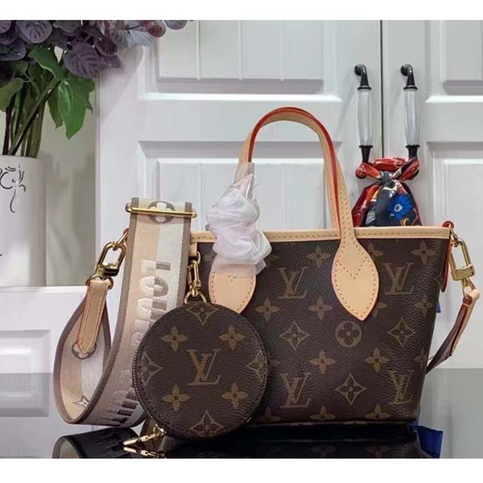 Louis Vuitton LV Women Neverfull BB Beige Monogram Coated Canvas Natural Cowhide Leather Tote