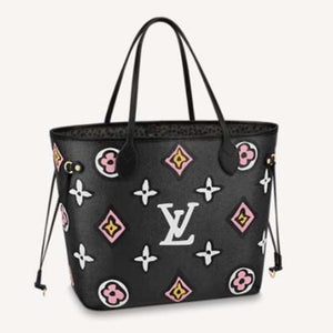 Louis Vuitton LV Women Neverfull MM Tote Black Monogram Coated Canvas Cowhide Leather