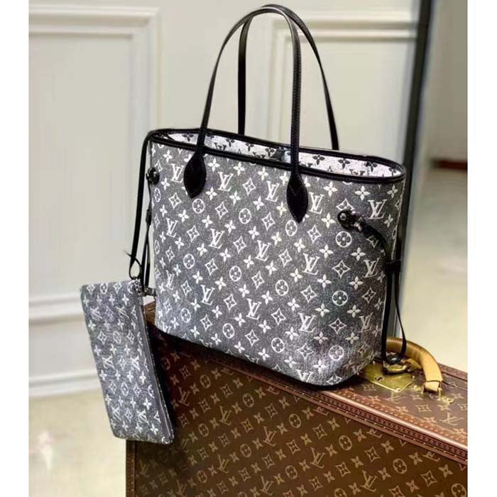 Louis Vuitton LV Women Neverfull MM Tote Gray Textile Jacquard