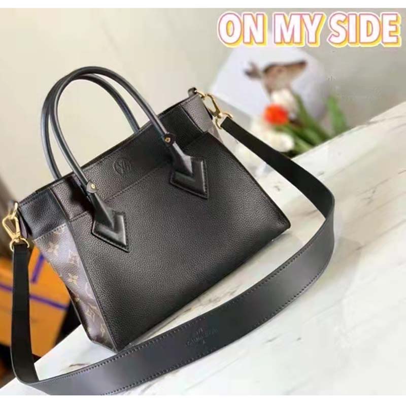 Louis Vuitton LV Women On My Side PM Handbag Black Monogram Coated Canvas Calf