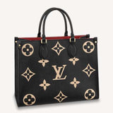 Louis Vuitton LV Women OnTheGo MM Black Beige Embossed Grained Cowhide Leather Tote
