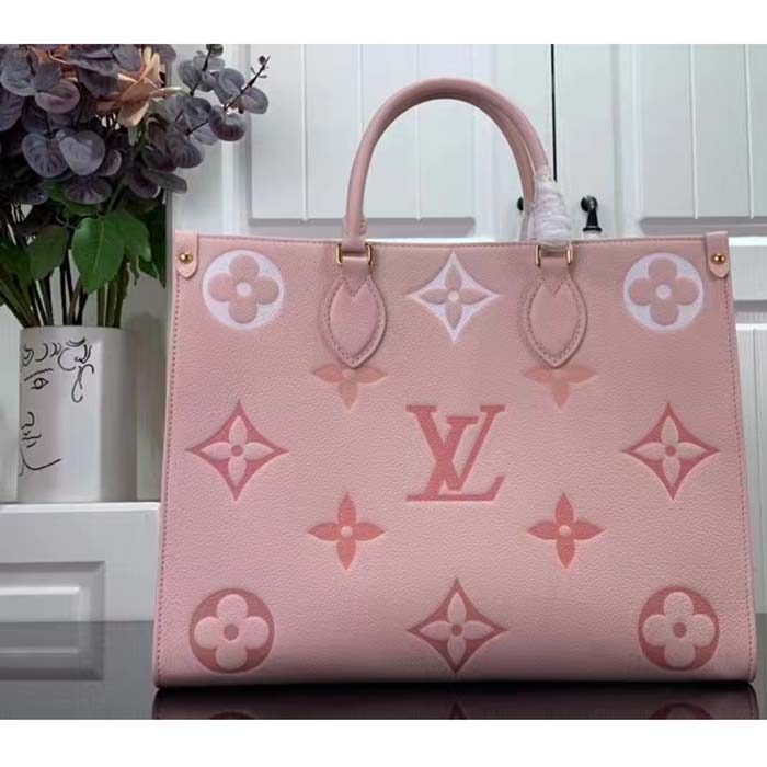Louis Vuitton LV Women OnTheGo MM Gradient Pink Monogram Empreinte Embossed Cowhide Leather Tote