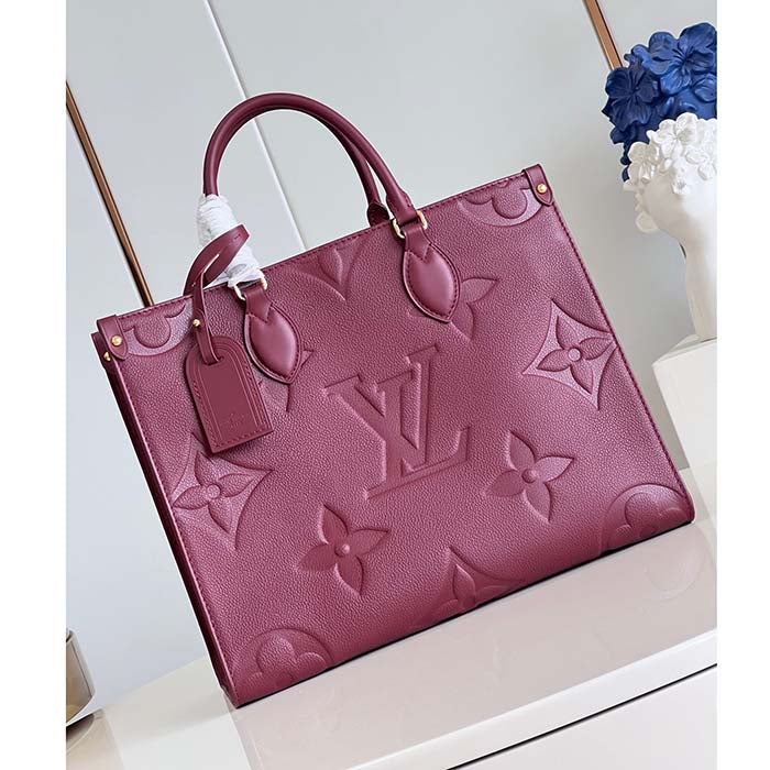 Louis Vuitton LV Women OnTheGo MM Wine Red Monogram Empreinte Embossed Grained Cowhide Leather Tote
