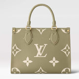 Louis Vuitton LV Women Onthego PM Light Khaki Cream Monogram Empreinte Embossed Grained Cowhide Leather Tote