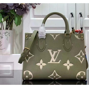 Louis Vuitton LV Women Onthego PM Light Khaki Cream Monogram Empreinte Embossed Grained Cowhide Leather Tote