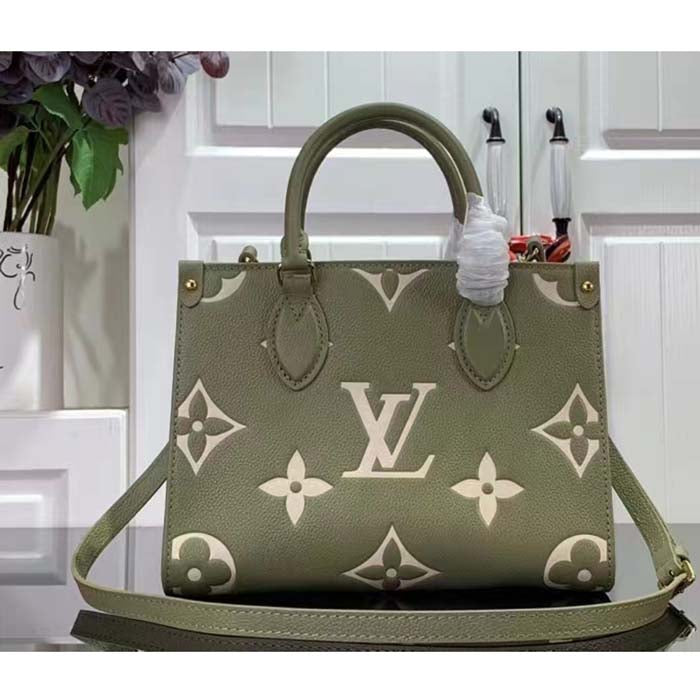 Louis Vuitton LV Women Onthego PM Light Khaki Cream Monogram Empreinte Embossed Grained Cowhide Leather Tote