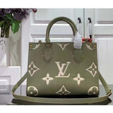 Louis Vuitton LV Women Onthego PM Light Khaki Cream Monogram Empreinte Embossed Grained Cowhide Leather Tote