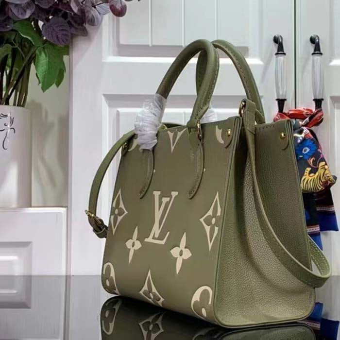 Louis Vuitton LV Women Onthego PM Light Khaki Cream Monogram Empreinte Embossed Grained Cowhide Leather Tote