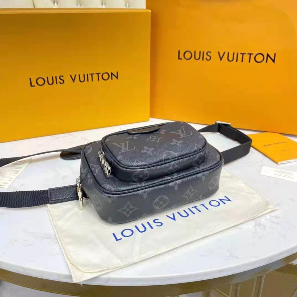 Louis Vuitton LV Women Outdoor Pouch Taigarama Noir Black Coated Canvas Cowhide Leather Clutch