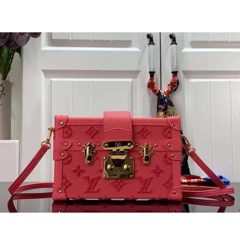 Louis Vuitton LV Women Petite Malle Handbag Fluo Pink Tufted Grained Calfskin Leather