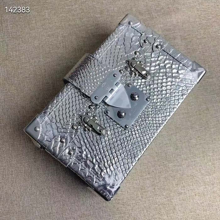 Louis Vuitton LV Women Petite Malle Handbag Metallise Froisse Silver Brilliant Alligator Leather