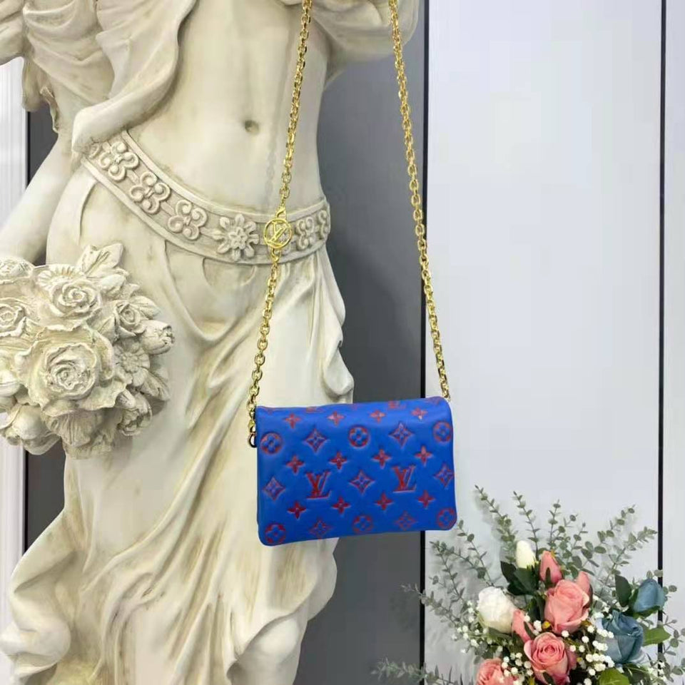 Louis Vuitton LV Women Pochette Coussin Blue Monogram Embossed Lambskin Clutch