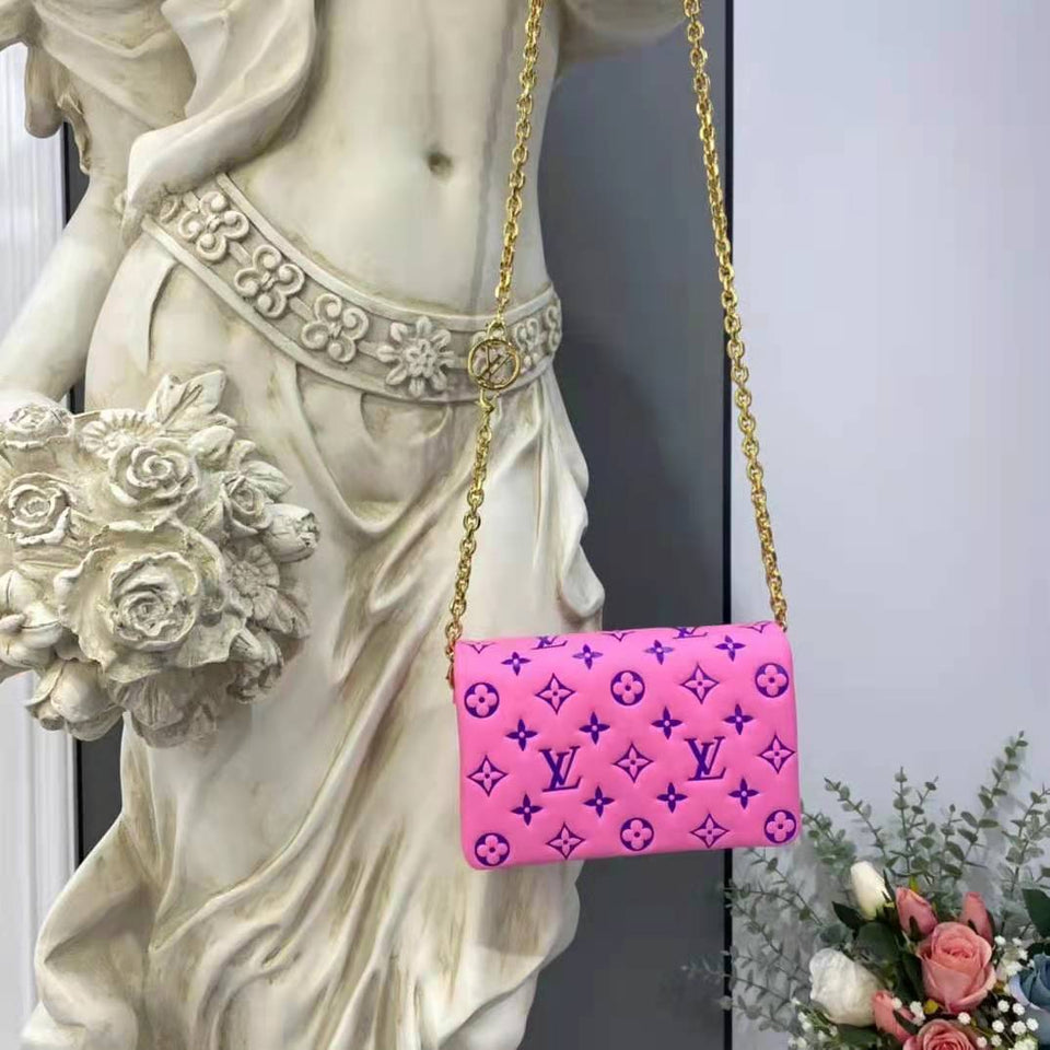 Louis Vuitton LV Women Pochette Coussin Pink Monogram Embossed Lambskin Clutch