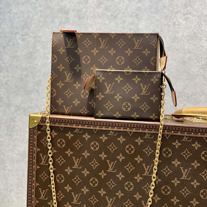 Louis Vuitton LV Women Toiletry Pouch On Chain Monogram Coated Canvas Cowhide Clutch