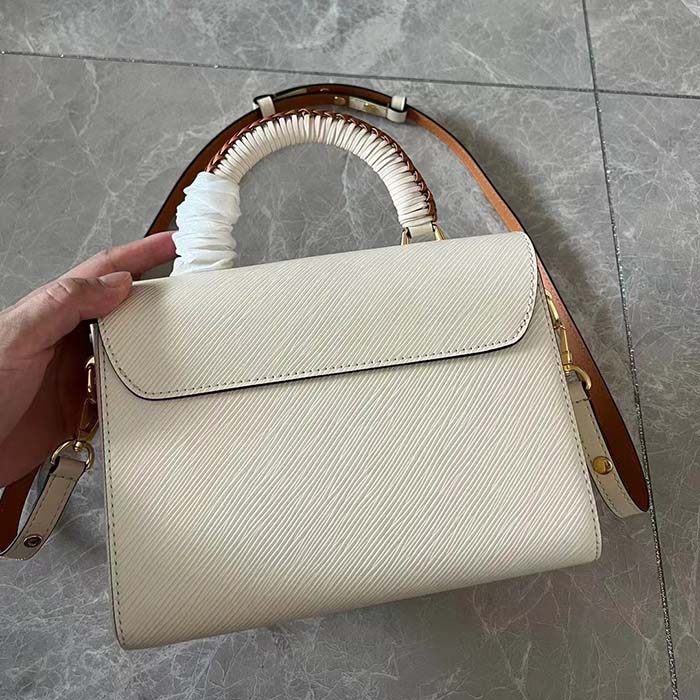Louis Vuitton LV Women Twist MM Beige White Brown Grained Leather Cowhide Handbag