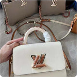 Louis Vuitton LV Women Twist MM Beige White Brown Grained Leather Cowhide Handbag