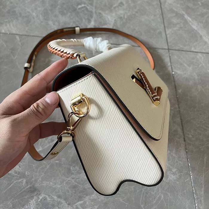 Louis Vuitton LV Women Twist MM Beige White Brown Grained Leather Cowhide Handbag