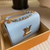 Louis Vuitton LV Women Twist MM Bleu Nuage Blue Epi Grained Smooth Cowhide Leather Handbag