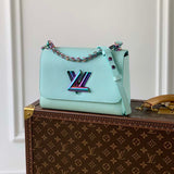 Louis Vuitton LV Women Twist MM Handbag Blue Grained Calfskin Leather