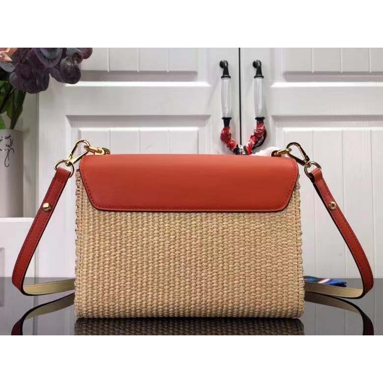 Louis Vuitton LV Women Twist MM Handbag Orange Raffia Smooth Cowhide Leather