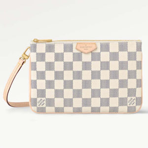Louis Vuitton Unisex LV Double Zip Pochette Damier Azur Coated Canvas Cowhide Leather Clutch