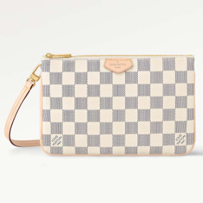 Louis Vuitton Unisex LV Double Zip Pochette Damier Azur Coated Canvas Cowhide Leather Clutch